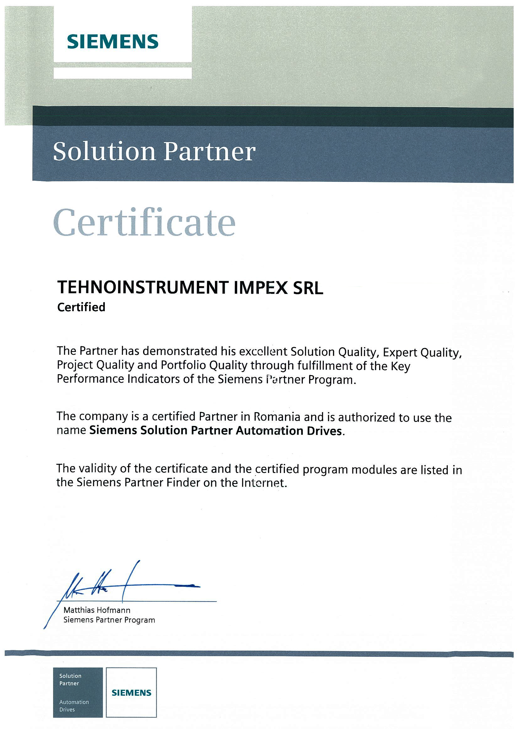 Certificat parteneriat Siemens - TehnoINSTRUMENT
