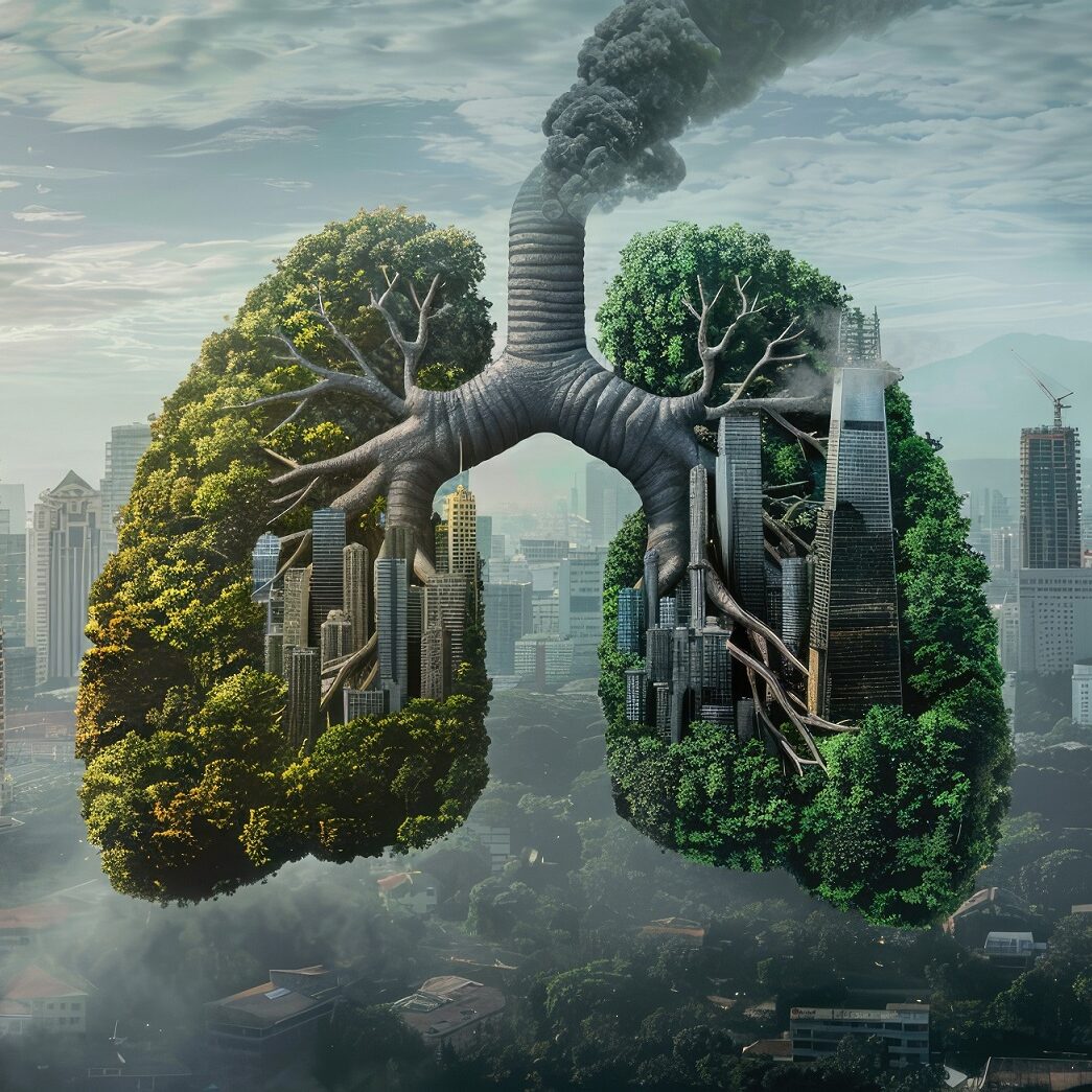 Environmental Awareness: Lungs of the Earth Battling Pollution in Urban Cityscape
