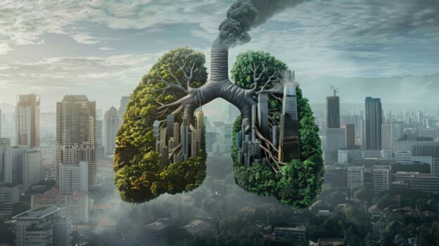 Environmental Awareness: Lungs of the Earth Battling Pollution in Urban Cityscape