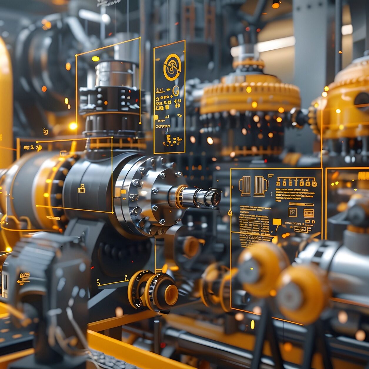 A highly detailed 3D render of heavy industrial machinery, with each part labeled and floating annotations