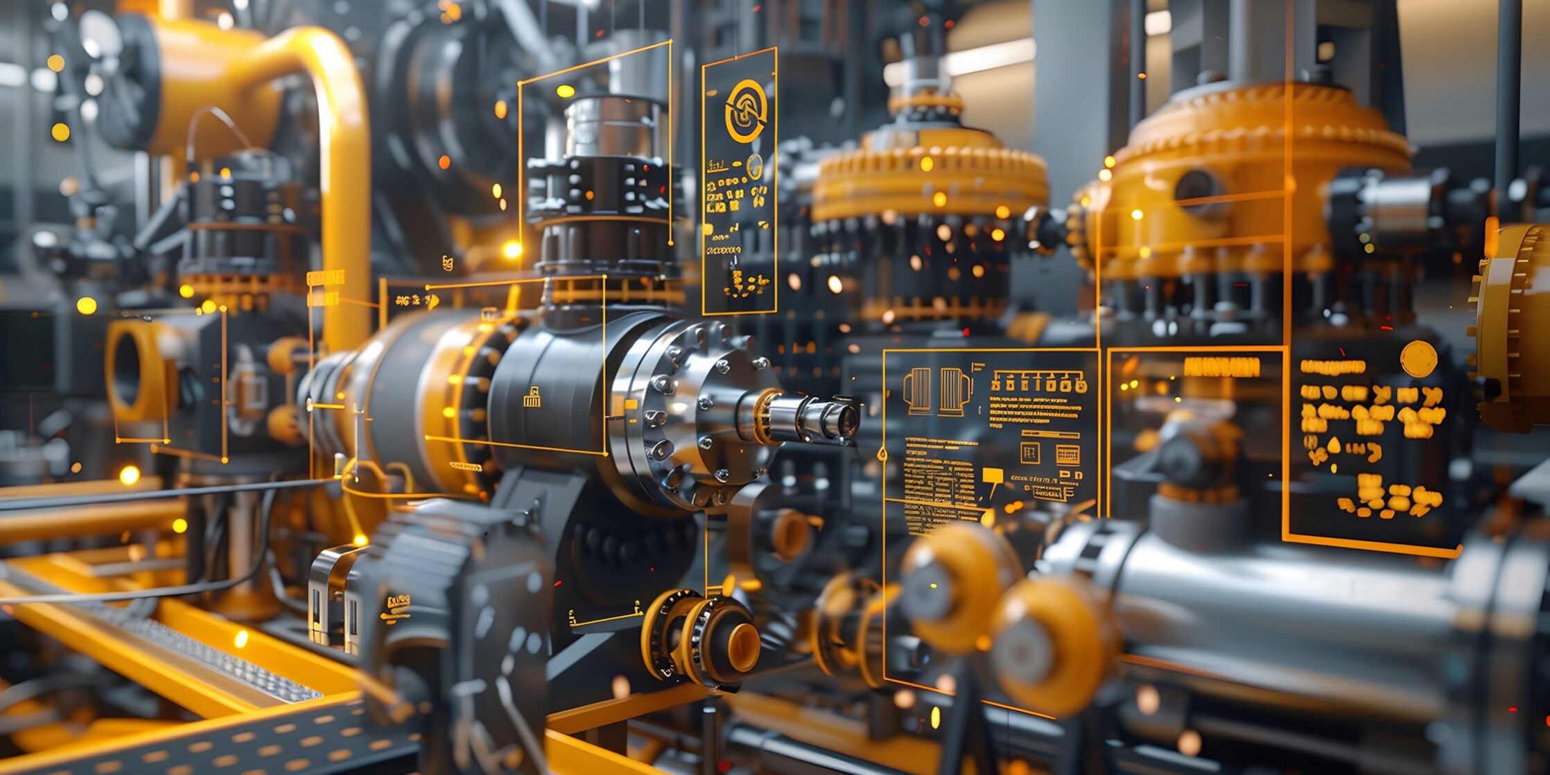 A highly detailed 3D render of heavy industrial machinery, with each part labeled and floating annotations