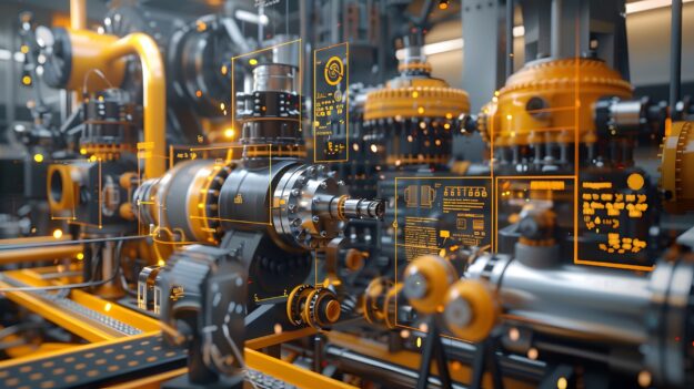 A highly detailed 3D render of heavy industrial machinery, with each part labeled and floating annotations