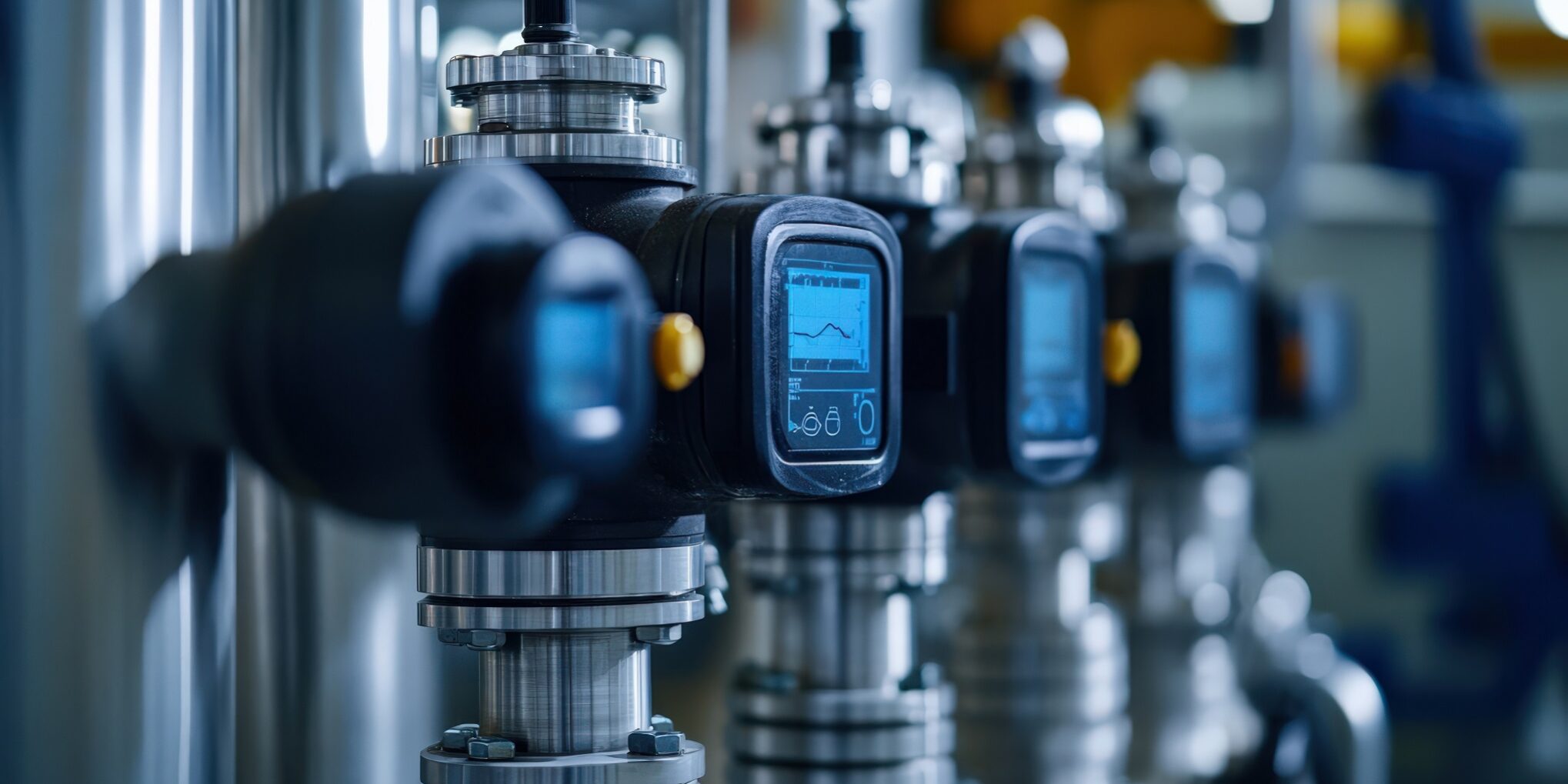 A group of valves with digital displays on them