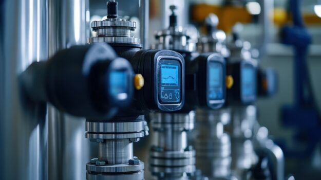 A group of valves with digital displays on them