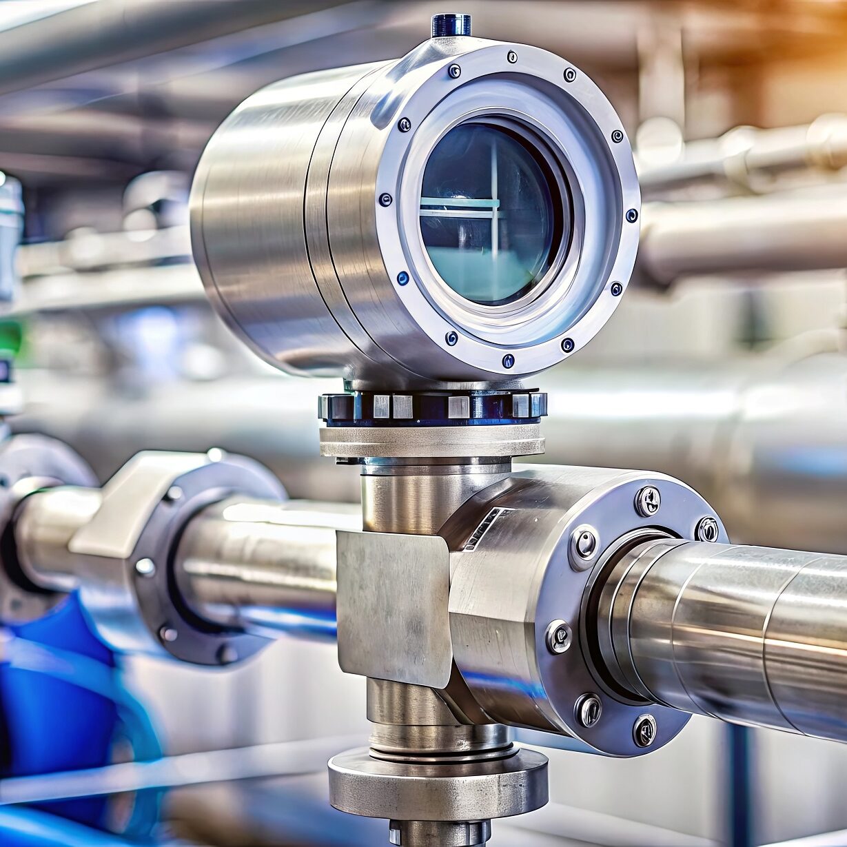 Industrial flow meter sensor on metal pipe measuring liquid or gas flow rate in factory setting