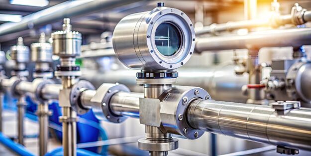 Industrial flow meter sensor on metal pipe measuring liquid or gas flow rate in factory setting