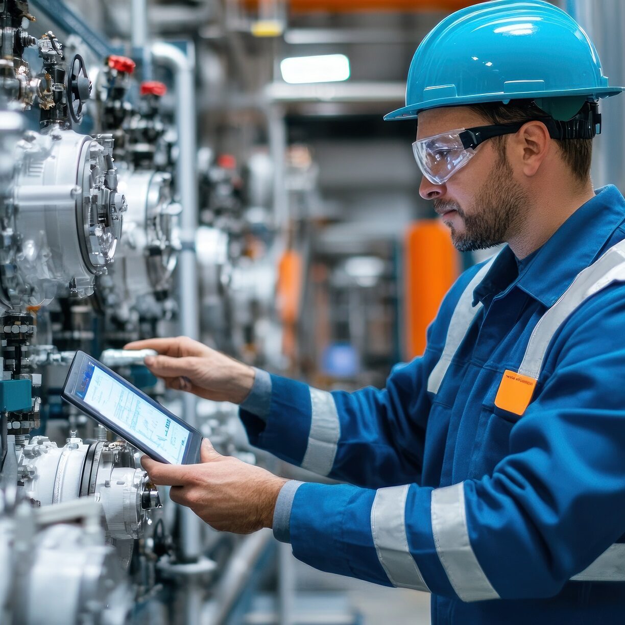 young engineer man carefully monitoring hydrogen gas levels in a storage facility, high-tech sensors in use