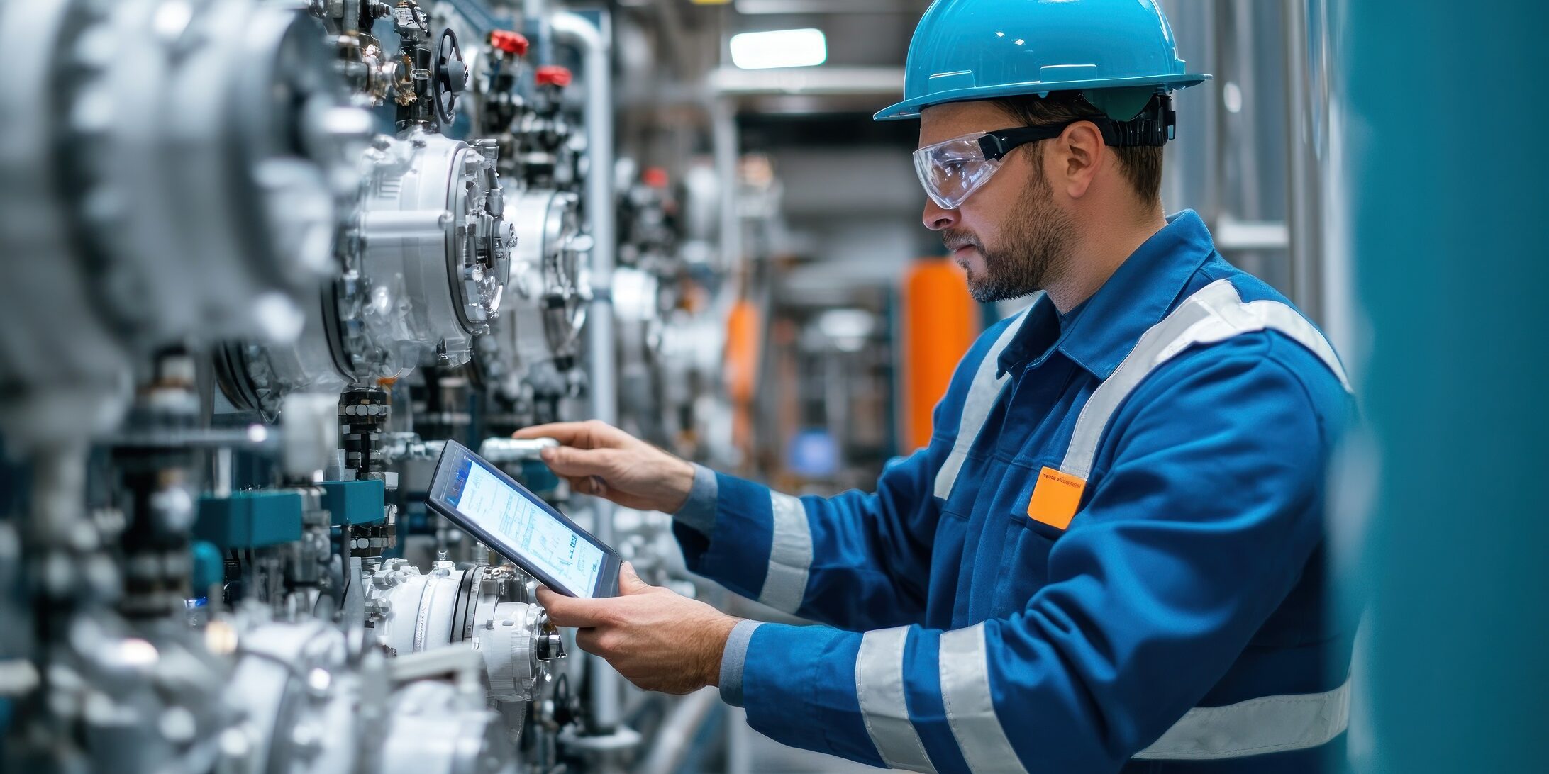 young engineer man carefully monitoring hydrogen gas levels in a storage facility, high-tech sensors in use