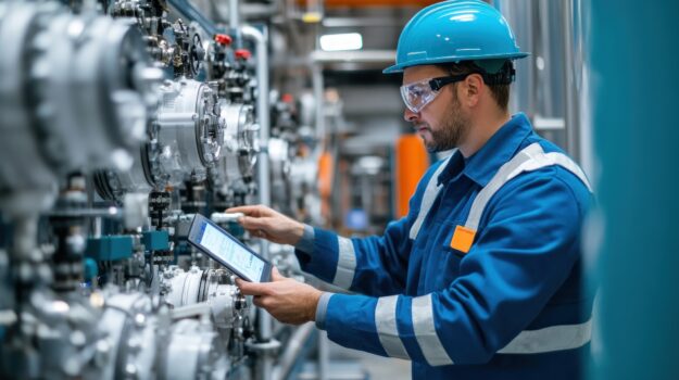 young engineer man carefully monitoring hydrogen gas levels in a storage facility, high-tech sensors in use