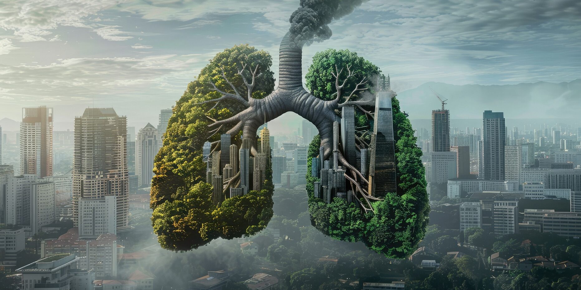 Environmental Awareness: Lungs of the Earth Battling Pollution in Urban Cityscape